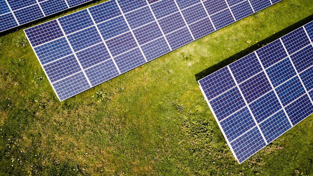 Campo solar com fileiras de painéis fotovoltaicos em área rural